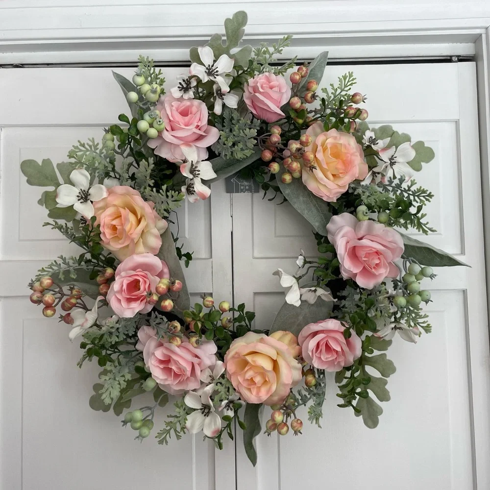 The Farmhouse Rachel Ashwell Spring Floral Wreath with Pink and Peach Roses 18”